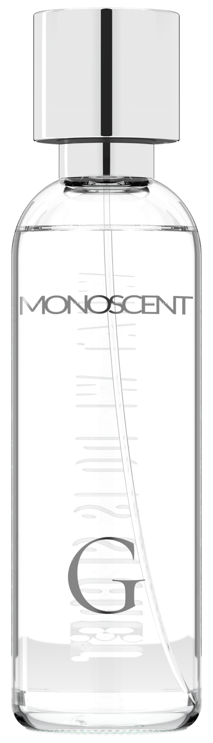 Monoscent G: clear glass, liquid and dip tube, silver print