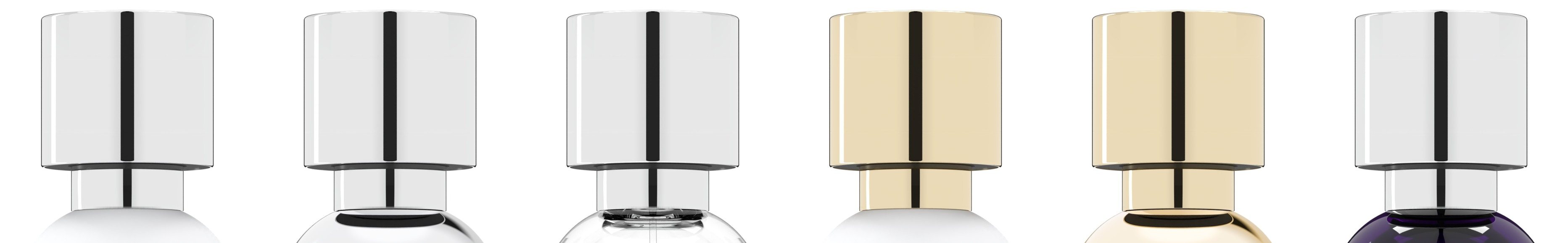 Six caps in a row, four silver and two gold, all with the same stripe and highlights