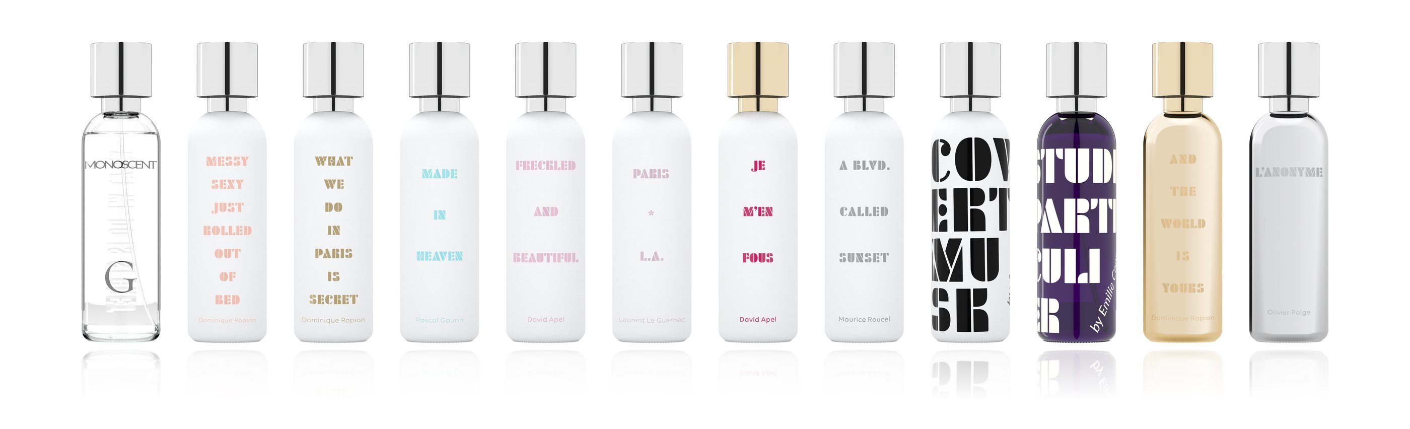 The twelve What We Do Is Secret 50 ml bottles in planogram order, from Monoscent G to L'Anonyme