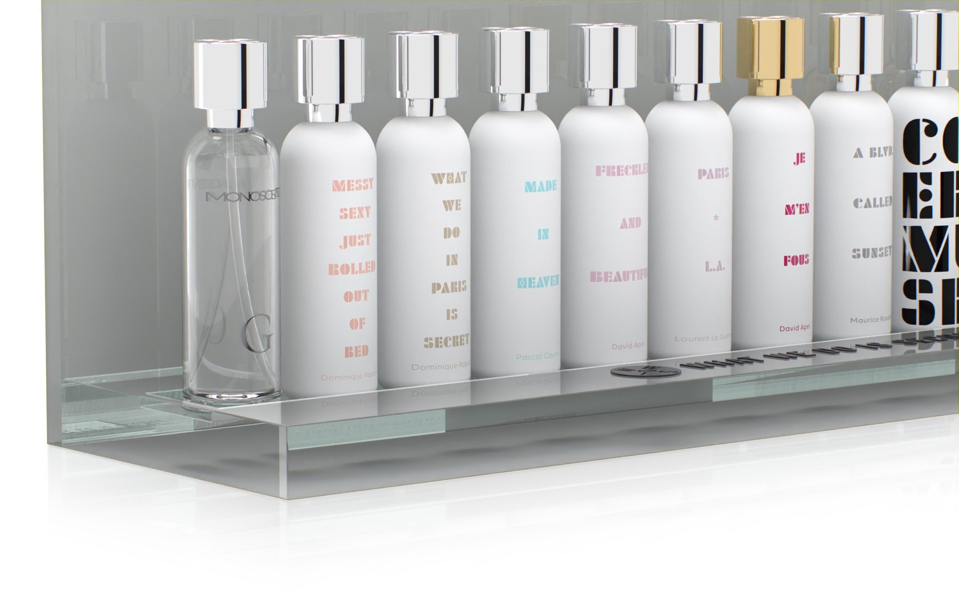 Close-up of the clear acrylic base and the raised monogram
